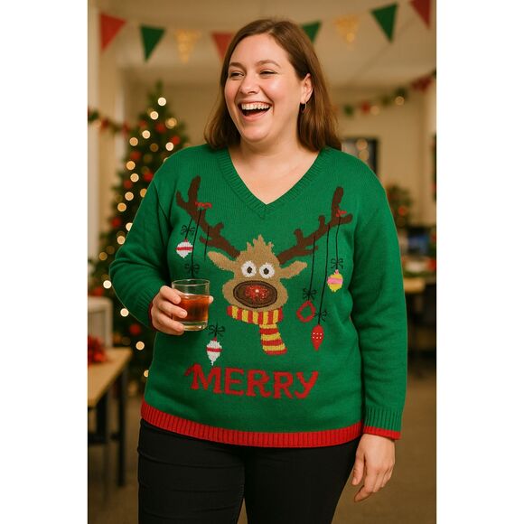 Tiara International Sweater XL Green Reindeer Jingle Bell Ugly Christmas Holiday - Picture 1 of 5